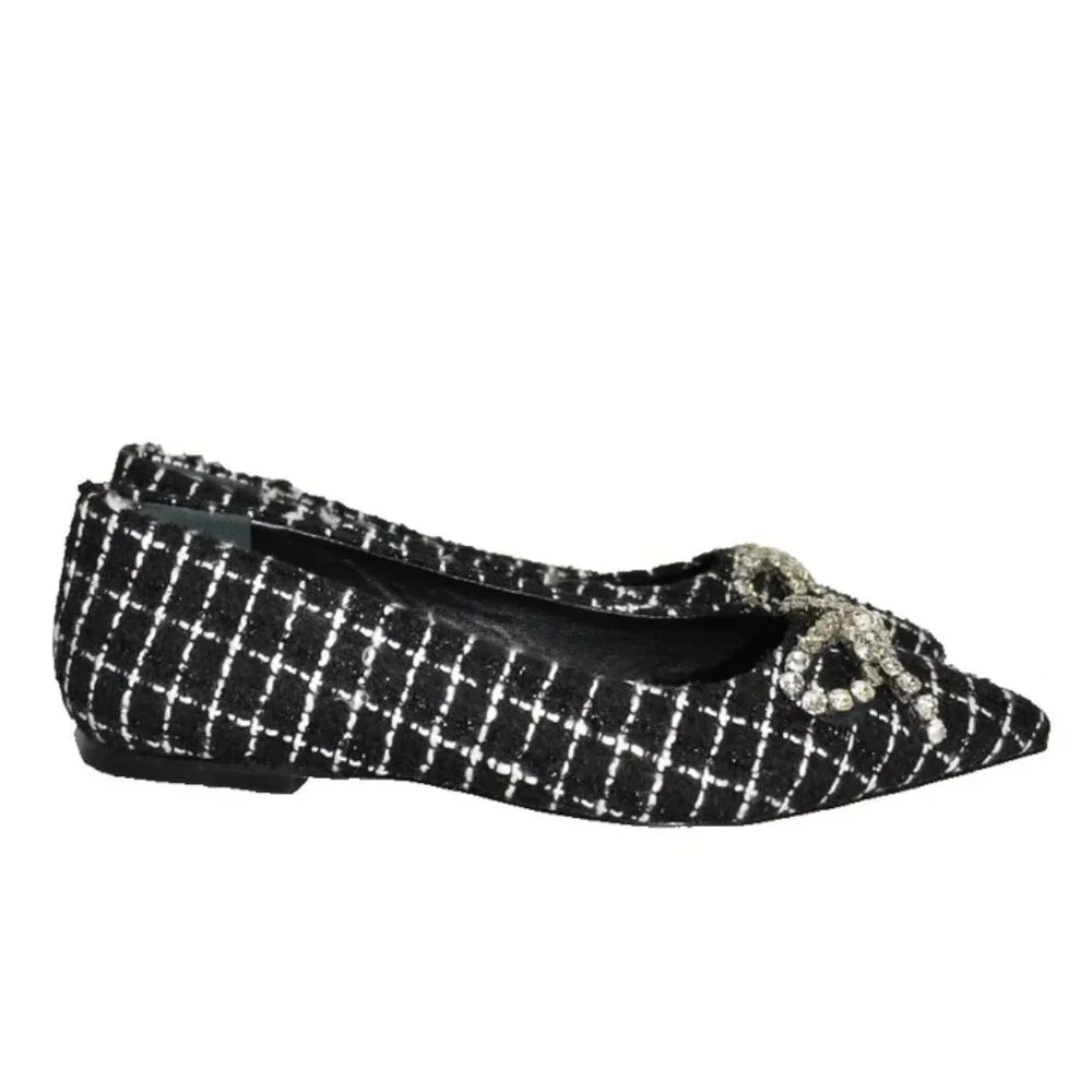$330 LARROUDE lee ballet flats BOW CRYSTALS TWEED POINTY BLACK WHITE 7 US (TE10)